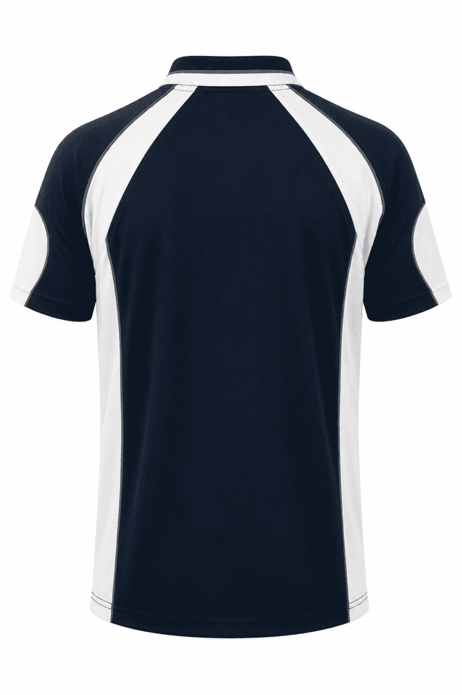 Navy blue polo shirt with white contrasting panels. Features a logo on the upper back.