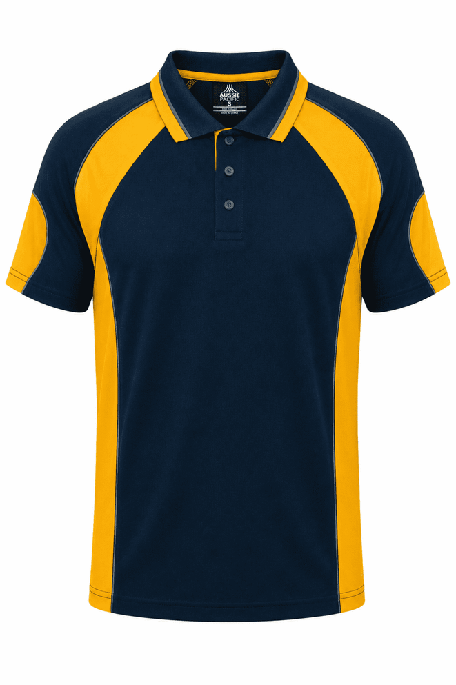 A navy and yellow polo shirt featuring a logo, designed for men's wear.