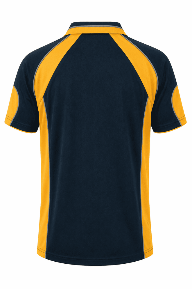 A navy and yellow polo shirt with a sporty design, featuring a logo on the back.