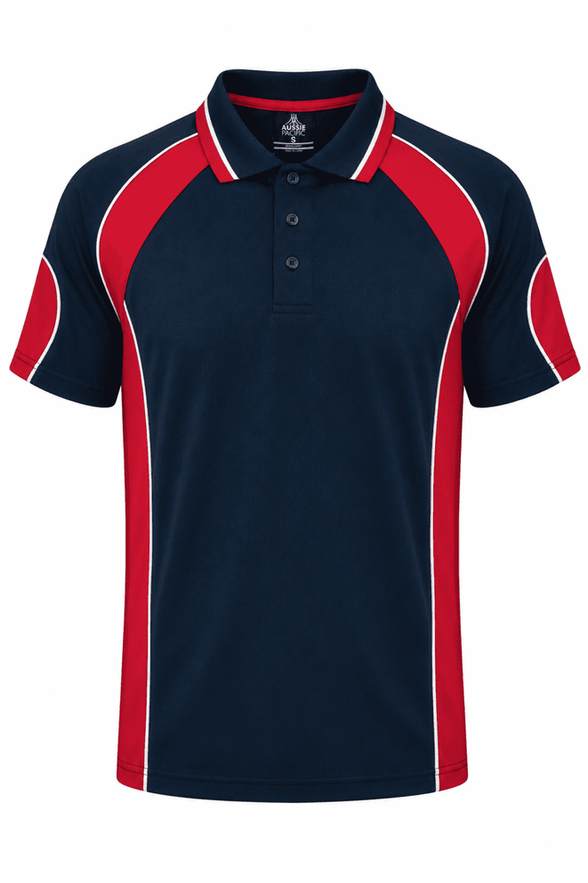 A navy polo shirt featuring red and white accents, with a logo on the front.