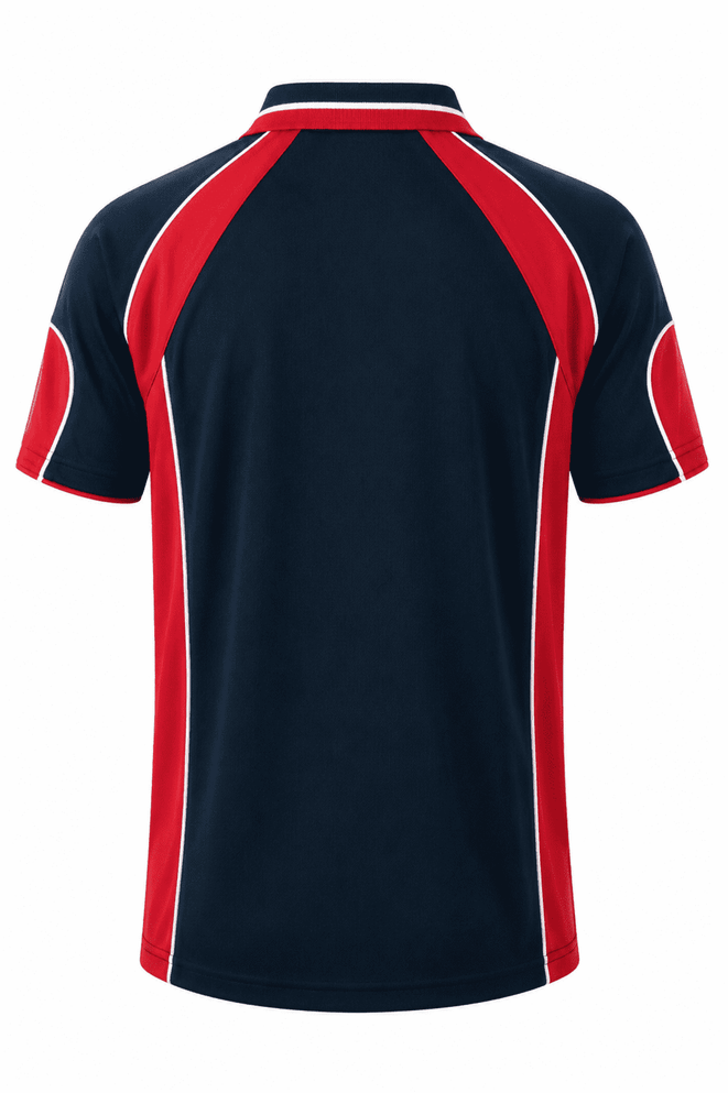 A navy polo shirt with red accents and a logo on the back. Suitable for casual wear or sports.