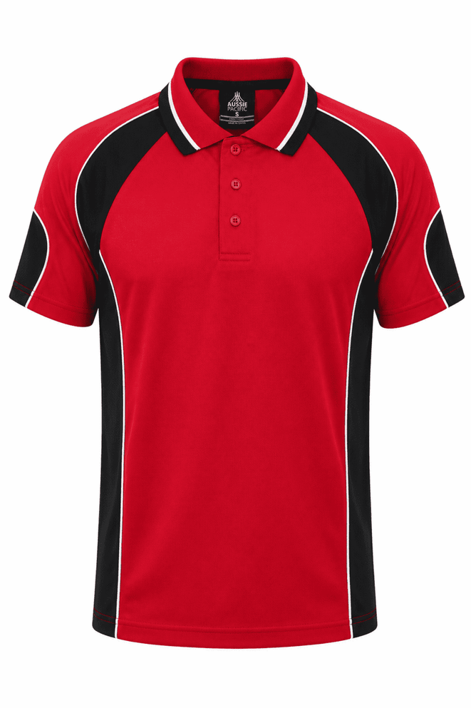 A red and black polo shirt featuring contrast detailing and a logo on the chest.