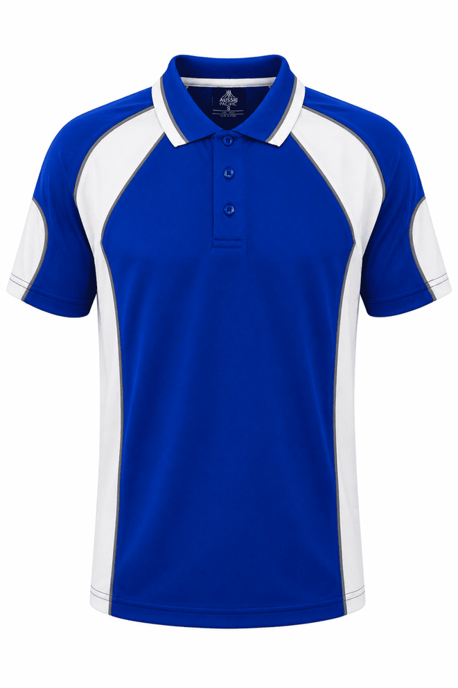 A blue polo shirt with white accents, featuring a collar and short sleeves. The shirt has a logo.