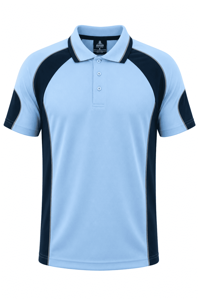 A light blue polo shirt featuring navy accents and a logo on the chest. Suitable for casual wear.
