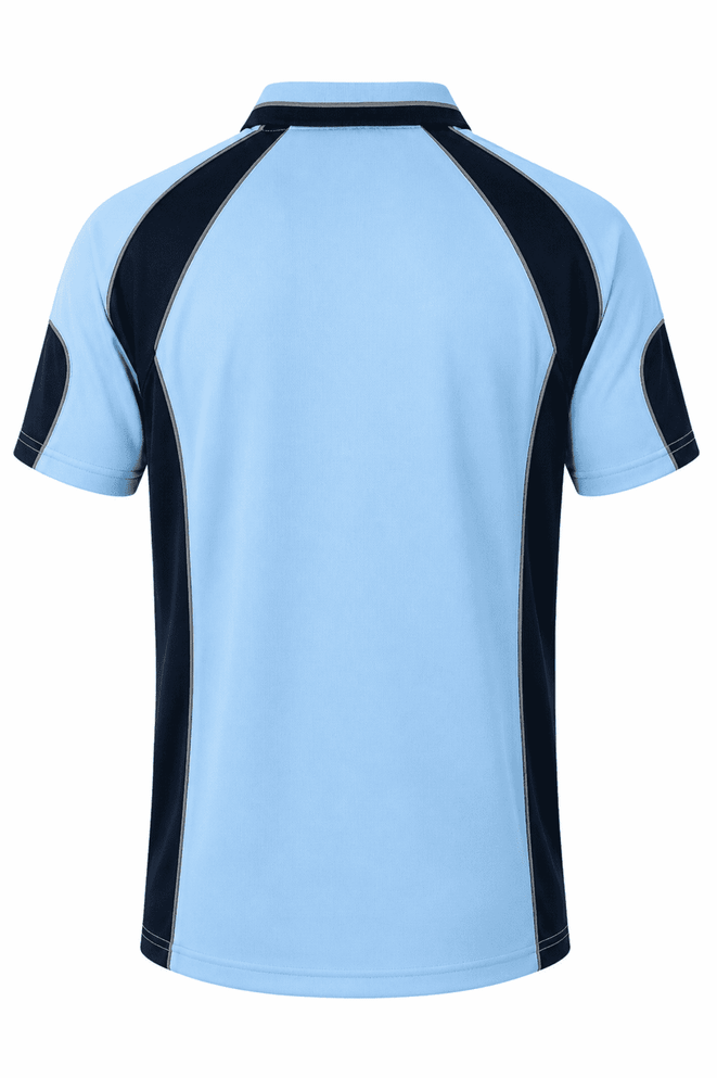 A light blue polo shirt with navy accents and short sleeves. Features a logo on the chest area.