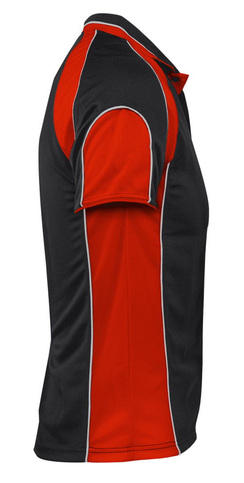 A black and red polo shirt with white piping, featuring a logo on the chest.