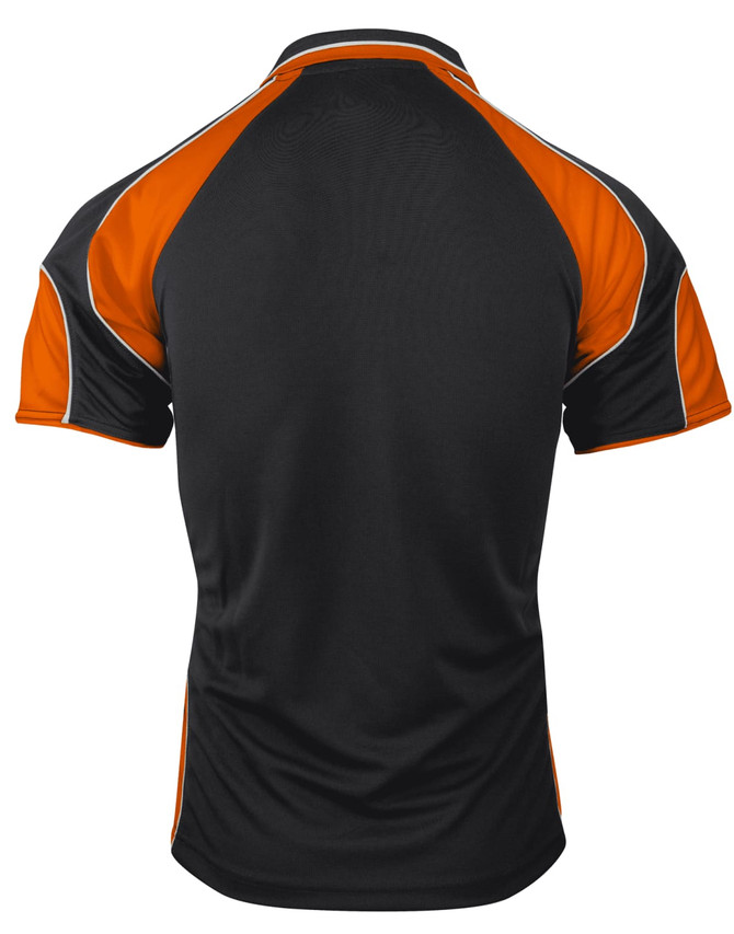 A black and orange polo shirt featuring a contrasting design and a logo on the back.