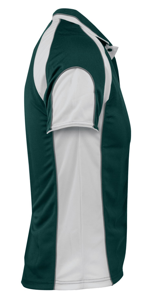 A green and white polo shirt featuring short sleeves and a logo on the chest.