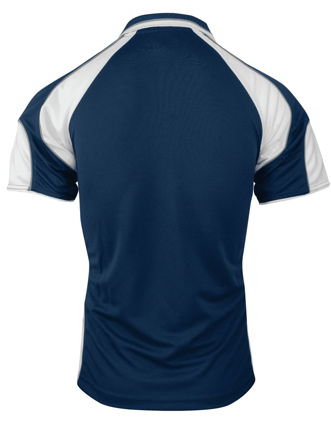 Men's polo shirt in navy blue with white accents, featuring a logo. Back view displayed.
