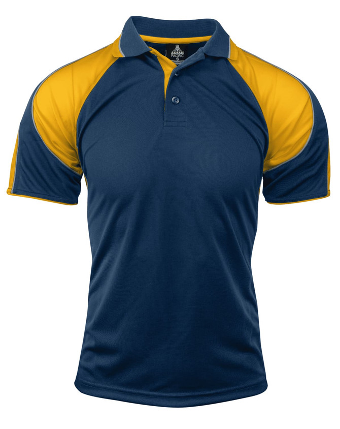 A navy and yellow polo shirt with a collar and short sleeves, featuring a logo on the chest.
