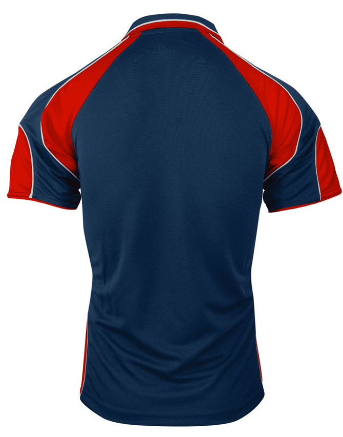 A navy blue polo shirt with red accents on the sleeves and collar, featuring a logo on the front.