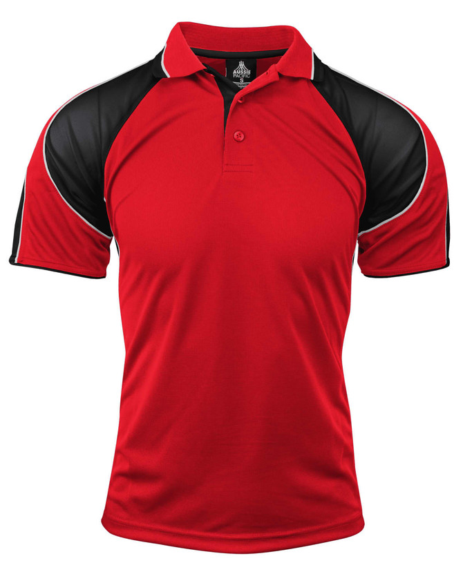 A red polo shirt with black raglan sleeves and a contrast trim, featuring a logo on the collar.