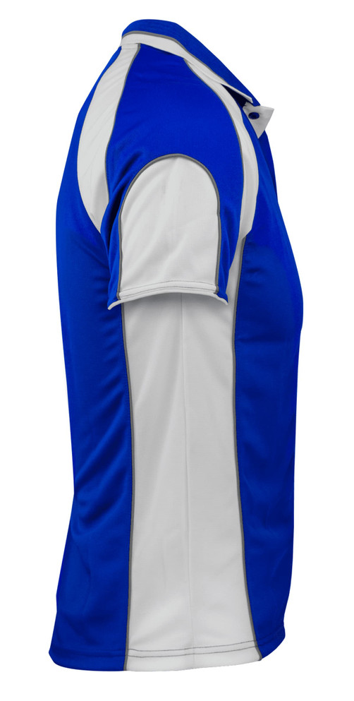 A polo shirt featuring a blue body with white sleeves and side panels, showcasing a sporty design.