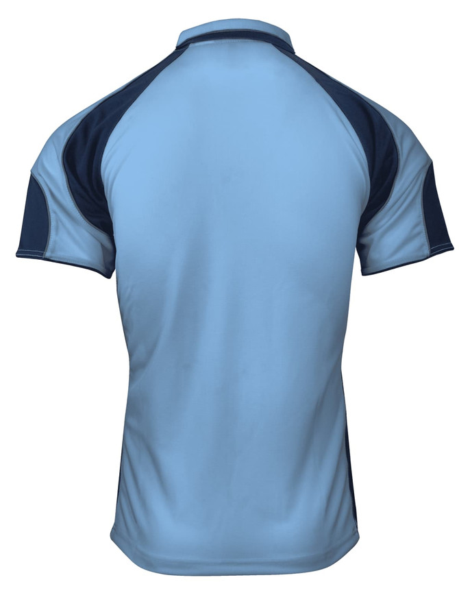 A light blue polo shirt with navy blue sleeves and a logo on the back.