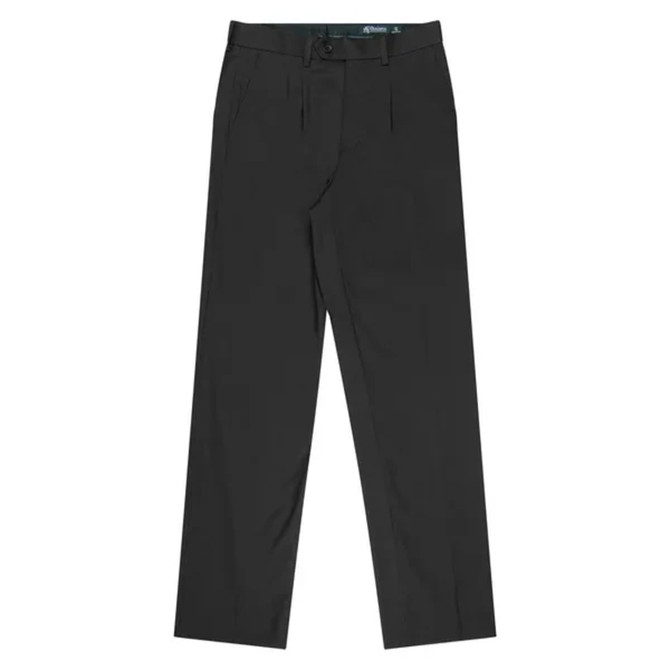 Pleated men's slacks in black, featuring a flat front and a waistband with a logo.