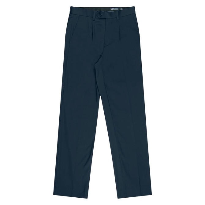 Navy pleated pants with a button closure and side pockets, featuring a logo on the waistband.