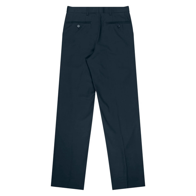 A pair of navy pleated men's slacks with two back pockets and a smooth finish. Features a logo on the waistband.