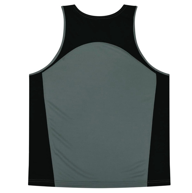A grey and black singlet with a sporty design and a logo on the back.