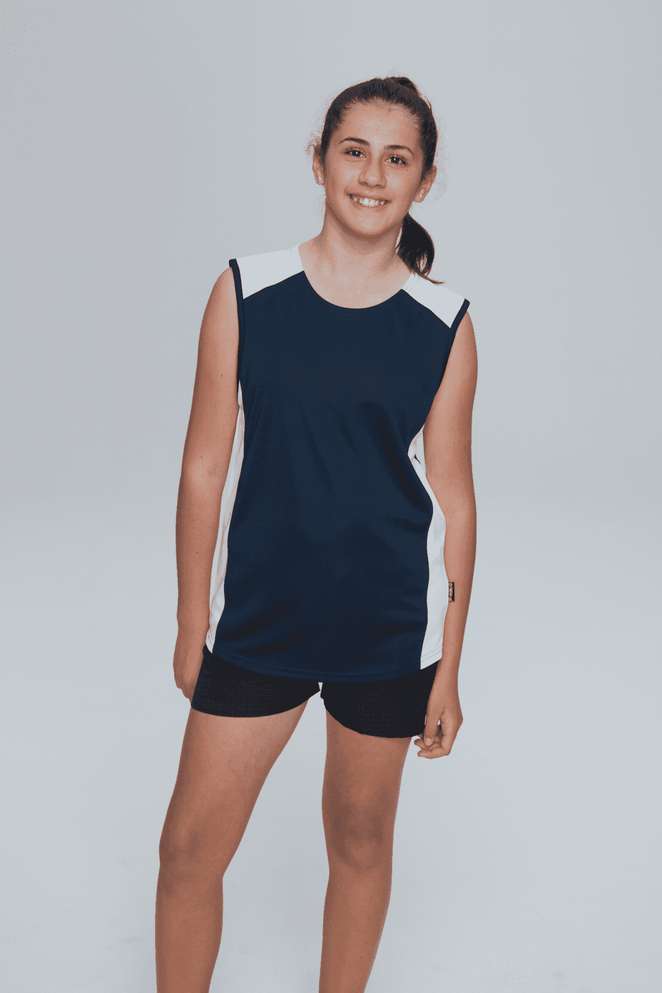 A navy blue singlet with white accents, designed for kids, displayed on a female model.