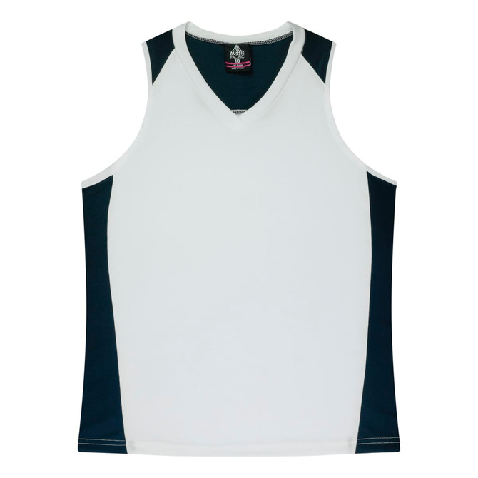 A sleeveless singlet featuring a white front with navy blue side panels and a v-neck design. It has a logo at the collar.
