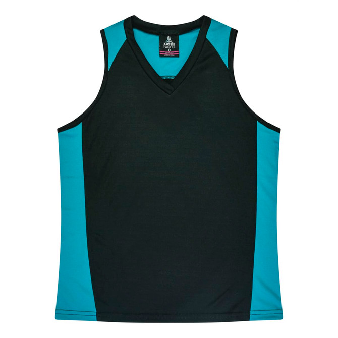 A black and blue singlet featuring a V-neck design, with contrasting panels and a logo on the upper back.