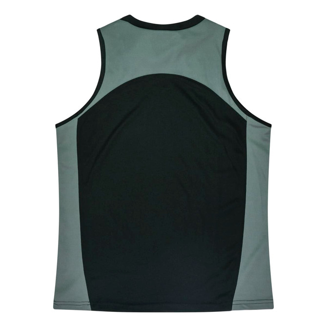 A sleeveless shirt featuring a combination of dark green and grey panels, with a logo present.