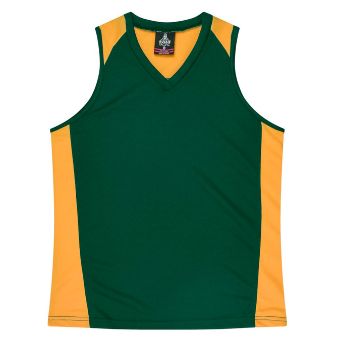 A green and gold sleeveless singlet with a V-neckline and contrasting shoulder panels. Features a logo.