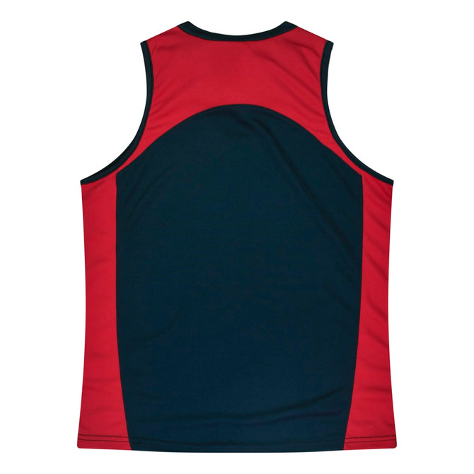 A singlet featuring a design in red and navy blue, with a logo on the back.