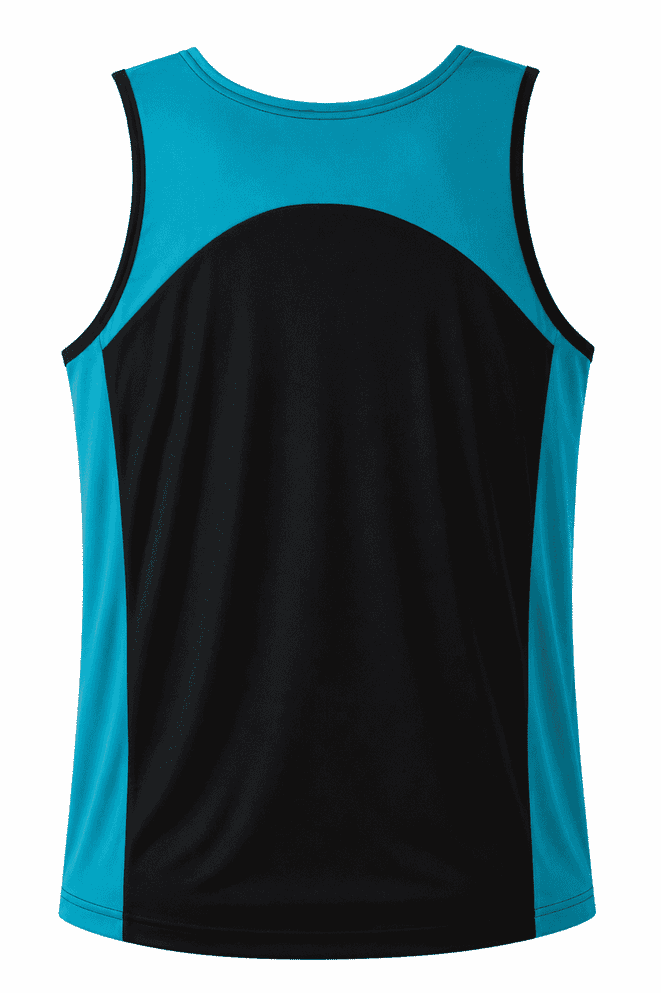 A sleeveless men's singlet featuring a black and turquoise design, with a logo on the back.
