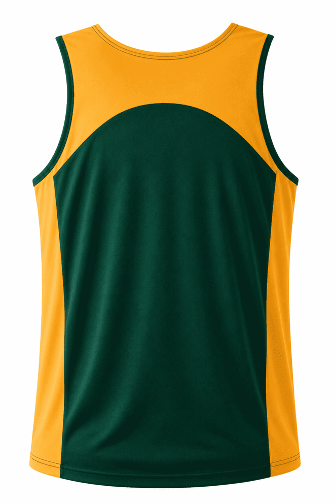 A men's singlet in green and gold, featuring a curved design on the back and a logo.