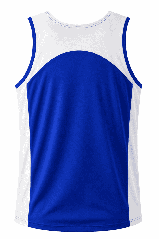A blue and white men's singlet featuring a curved design and a logo on the front.