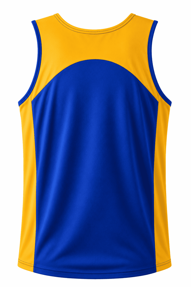 A blue and yellow men's singlet featuring a curved design and a logo on the back.