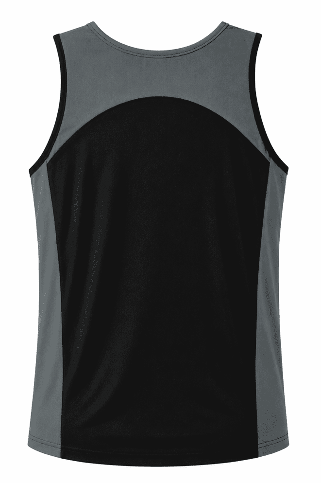 A grey and black singlet with a colour-block design and a logo on the back.