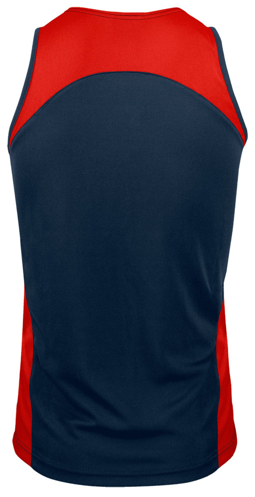 A men's singlet featuring a combination of navy and red colours, with a fitted design and a logo on the back.