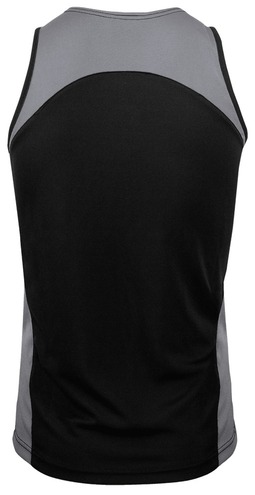 A black and grey singlet featuring a fitted design and a logo on the back.