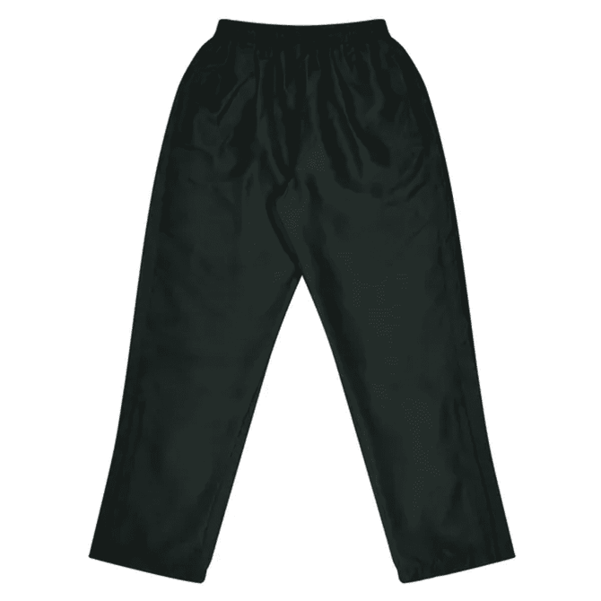 Dark green kids’ track pants with an elastic waistband, featuring a simple design without pockets.