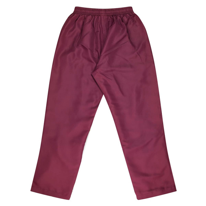 Maroon track pants with an elastic waistband. Features a smooth texture and loose fit. Includes a logo.