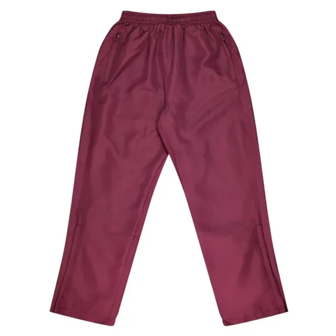 Maroon men's track pants with an elastic waistband and side pockets, featuring a logo.