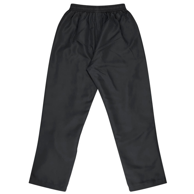 Black track pants with an elastic waistband, featuring a smooth, lightweight fabric and a minimalist design.