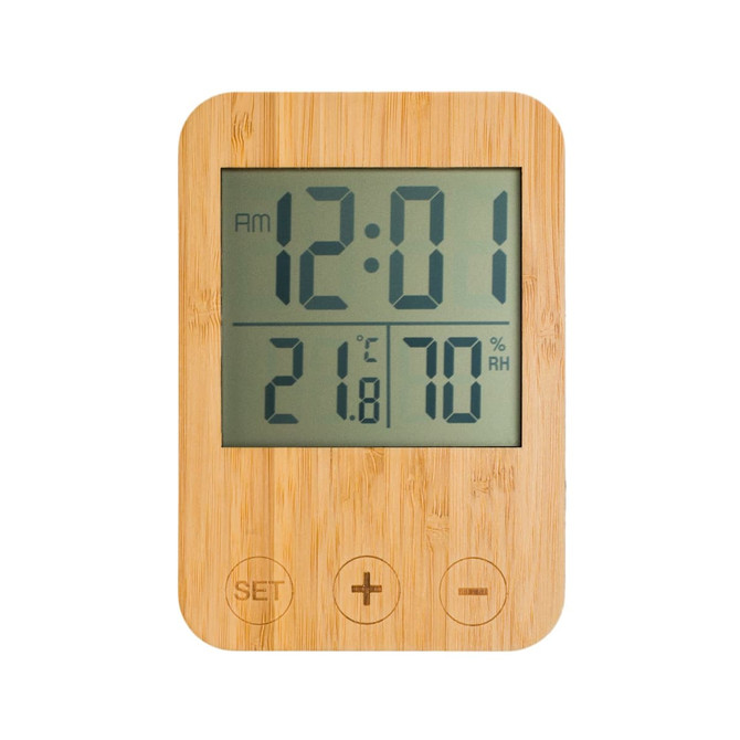 A bamboo weather station displaying time, temperature in Celsius, and humidity percentage. Features a digital screen and buttons.