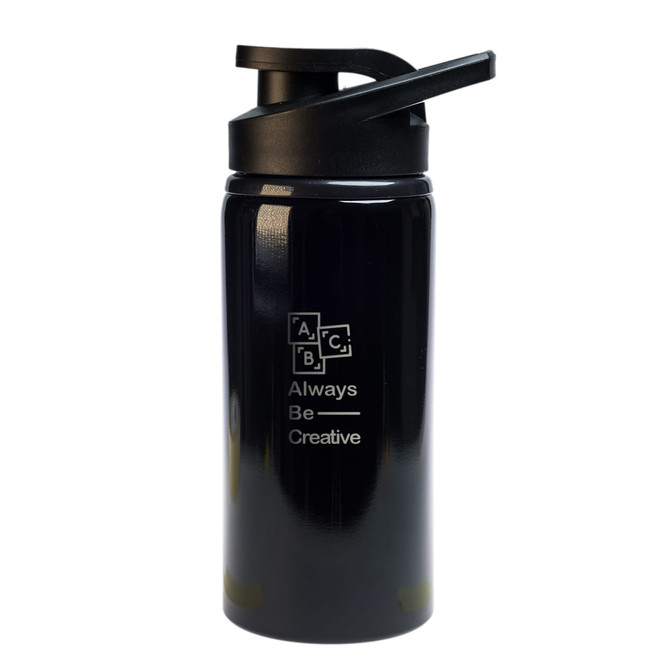 A drink bottle in black with a free flow lid and a logo featuring text.