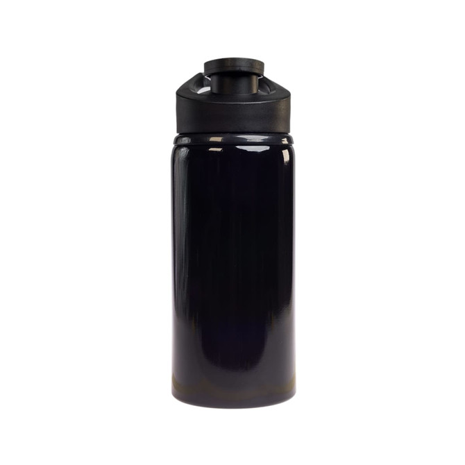 A drink bottle in a sleek black design with a free flow lid and a branding logo. Ideal for hydration on the go.