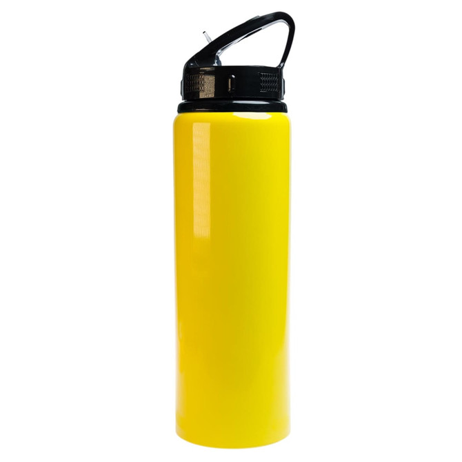 A drink bottle in vibrant yellow with a black flip straw lid and a textured grip. Features a logo on the lid.