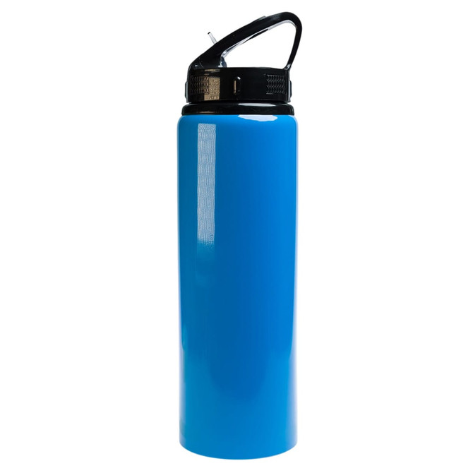 A drink bottle in bright blue with a flip straw lid and a black handle, featuring a branding logo on the side.