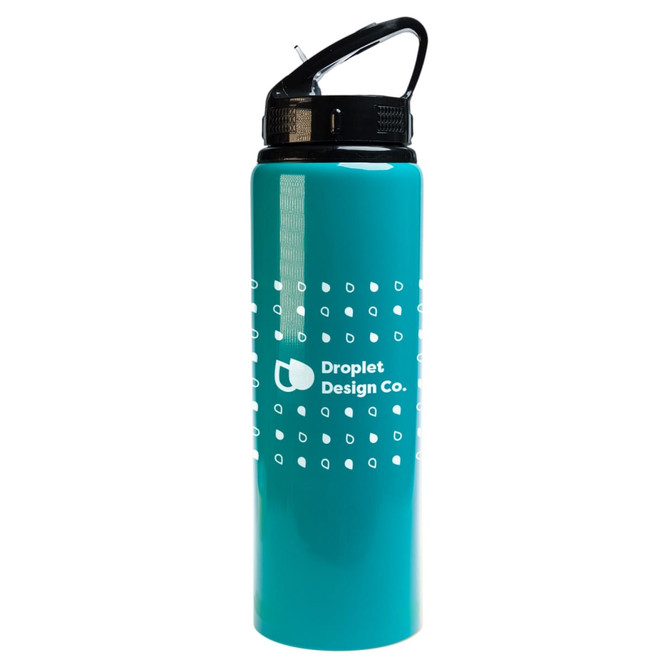 A drink bottle in teal with a flip straw lid and a logo featuring dotted designs.