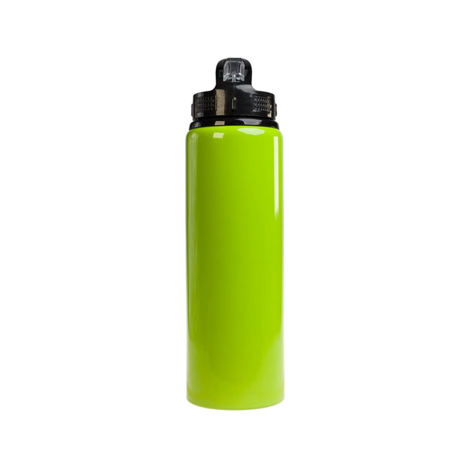 A drink bottle in vibrant lime green with a flip straw lid and a black cap, featuring branding on the surface.