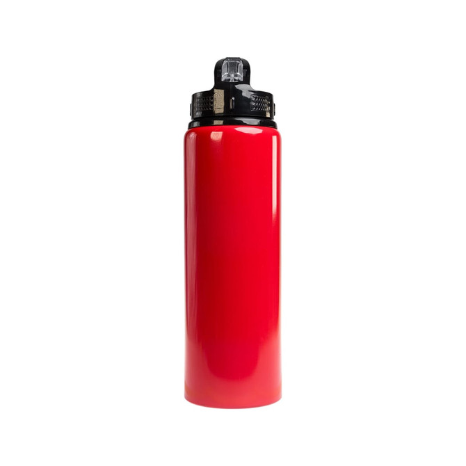 A drink bottle in glossy red with a black flip straw lid and a logo on the side.