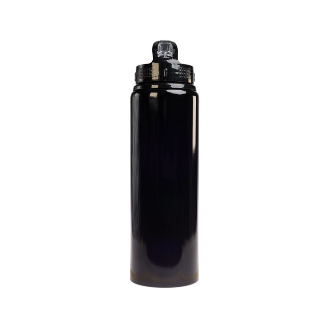 A drink bottle in black with a flip straw lid, featuring a logo on the body.