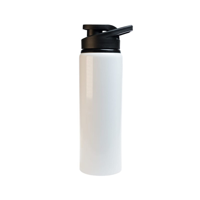 A drink bottle in white with a black free flow lid, designed for easy pouring. Features a logo.