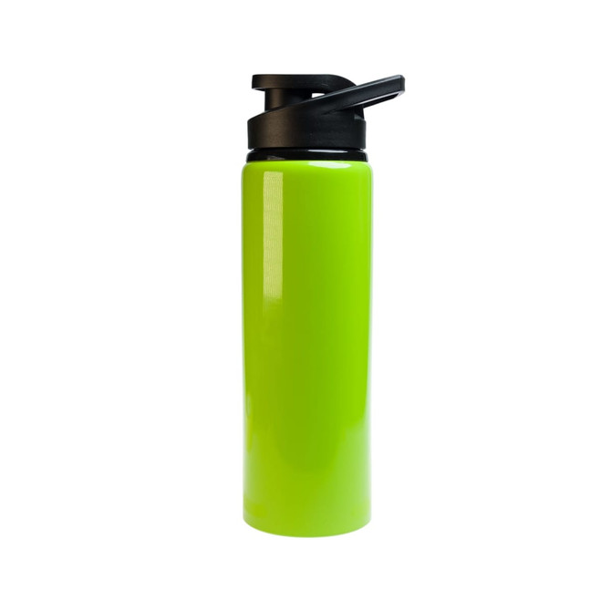 A drink bottle in vibrant green with a black free flow lid. Features a sleek, smooth design and includes a logo.
